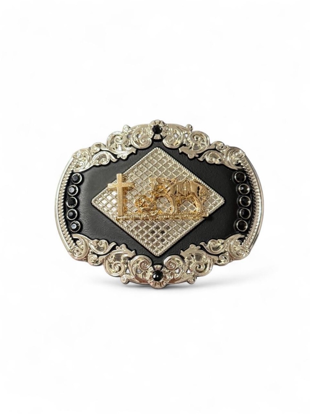 Western Cross & Horse Silver-Tone Buckle with Black Accents